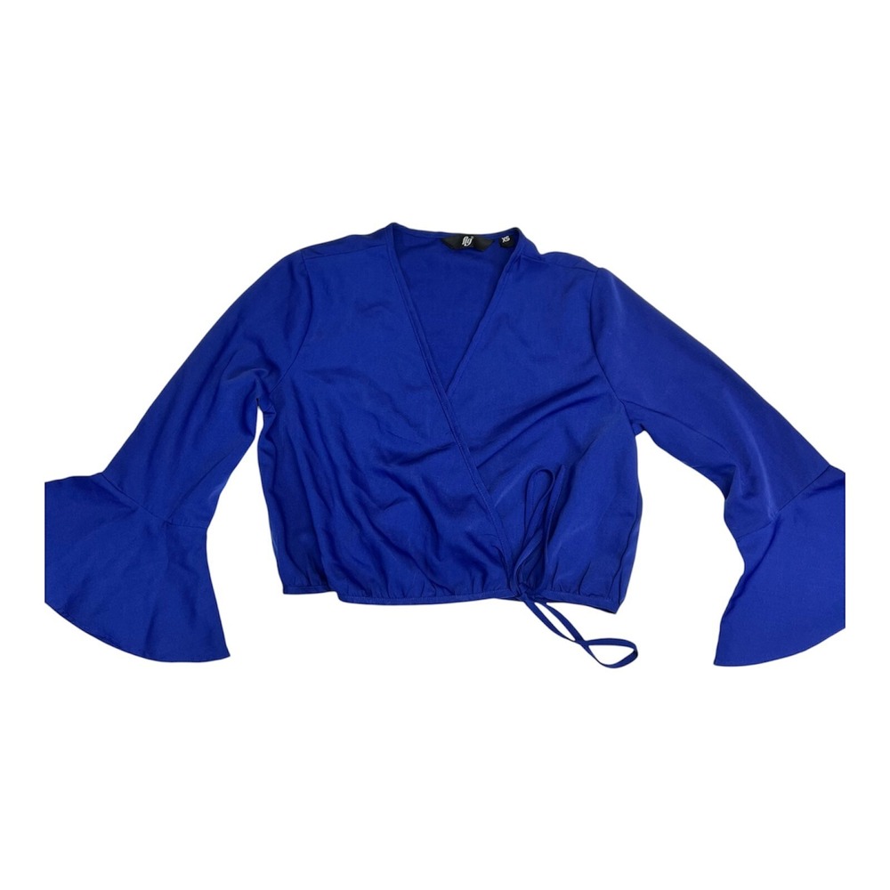 Fig Wrap Crop Top Women XS Blue Bell Sleeve V-Neck‎ TS18FWFIG1295